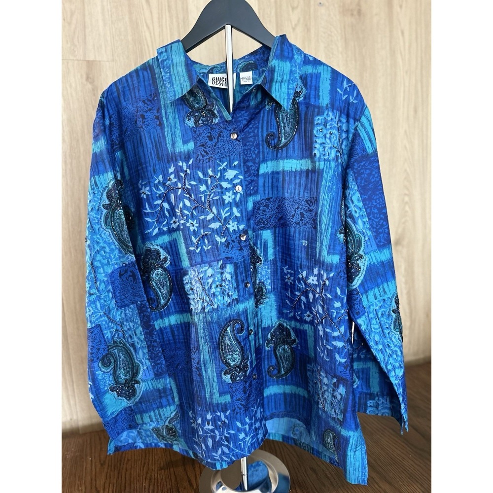 Chicos Design Blue Silk Paisley Beaded Button Up Shirt Womens Size 3 XL Large